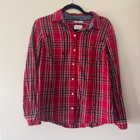 Charter Club Tops - Charter Club Red and Black Plaid Jewel Embellished Long Sleeve Shirt Relaxed Fit